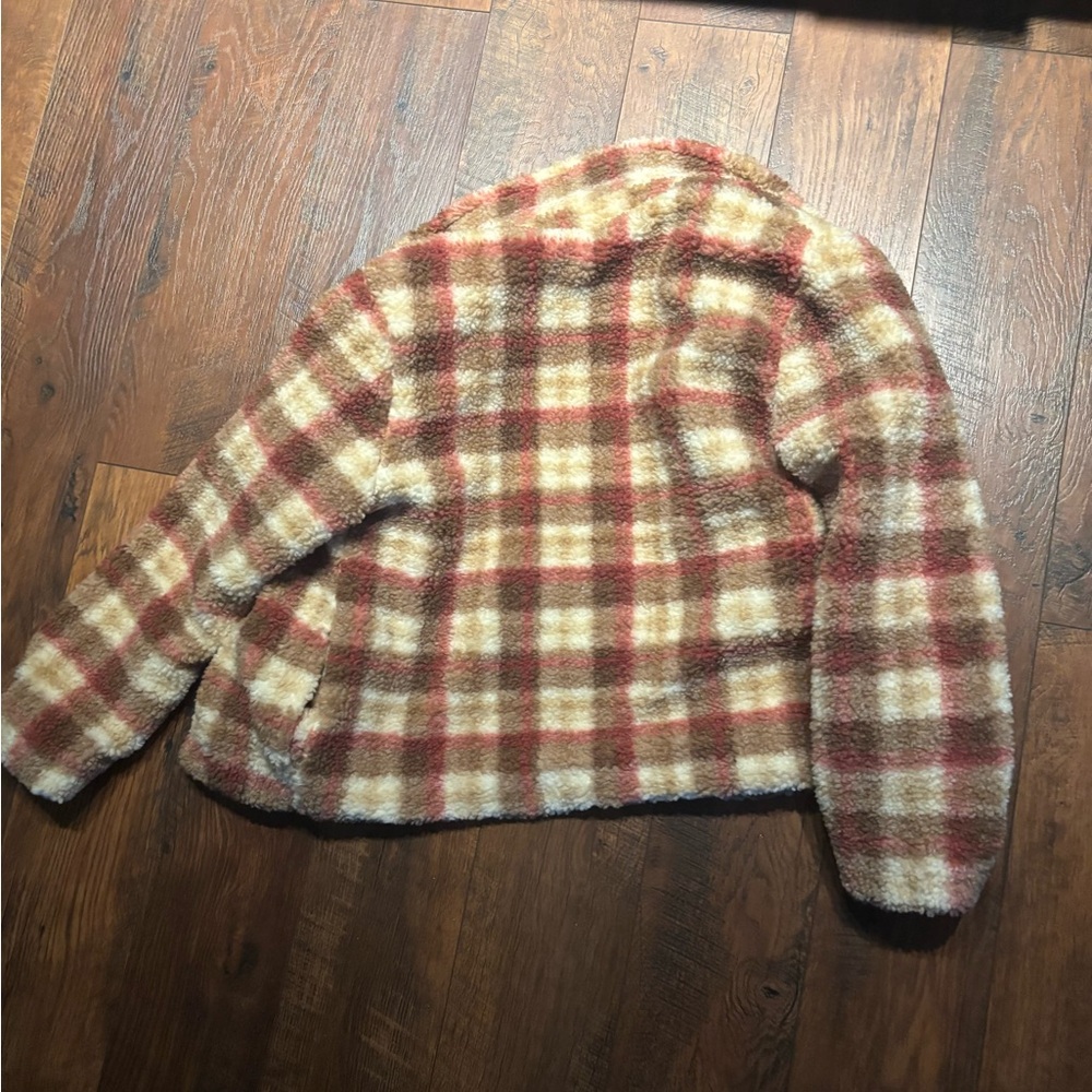 Avec Les Filles Cream and Brown Plaid Teddy Jacket - Picture 6 of 12